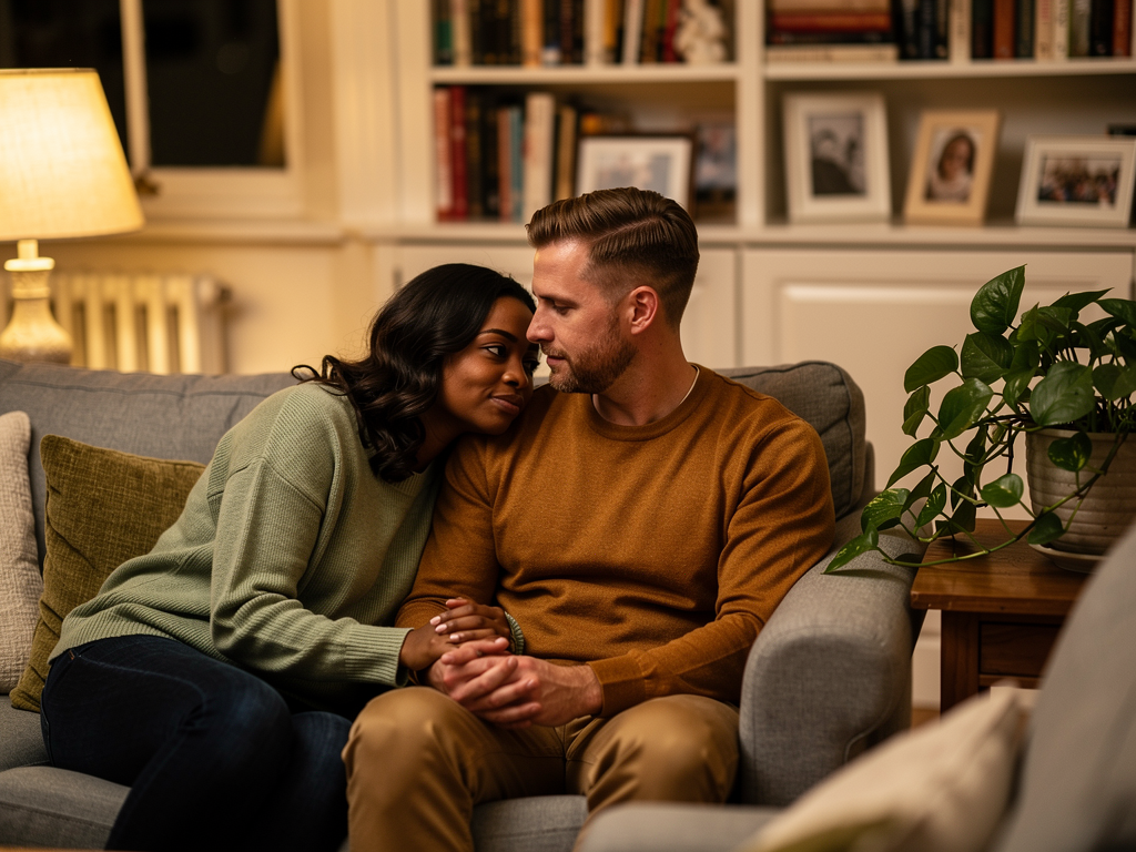 A diverse couple sitting together on a sofa in a cosy British living room, holding hands and appearing to have a calm, connected conversation, warm evening lighting from a lamp, books and plants visible in the background, conveying emotional intimacy and secure connection