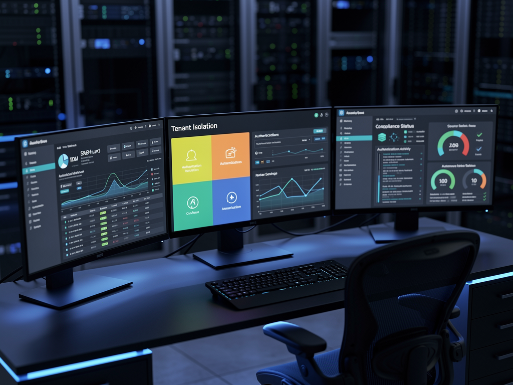 Security operations center dashboard showing multi-tenant SaaS monitoring with tenant isolation indicators, authentication logs, and compliance status badges for SOC 2 and GDPR, professional cybersecurity atmosphere with blue accent lighting