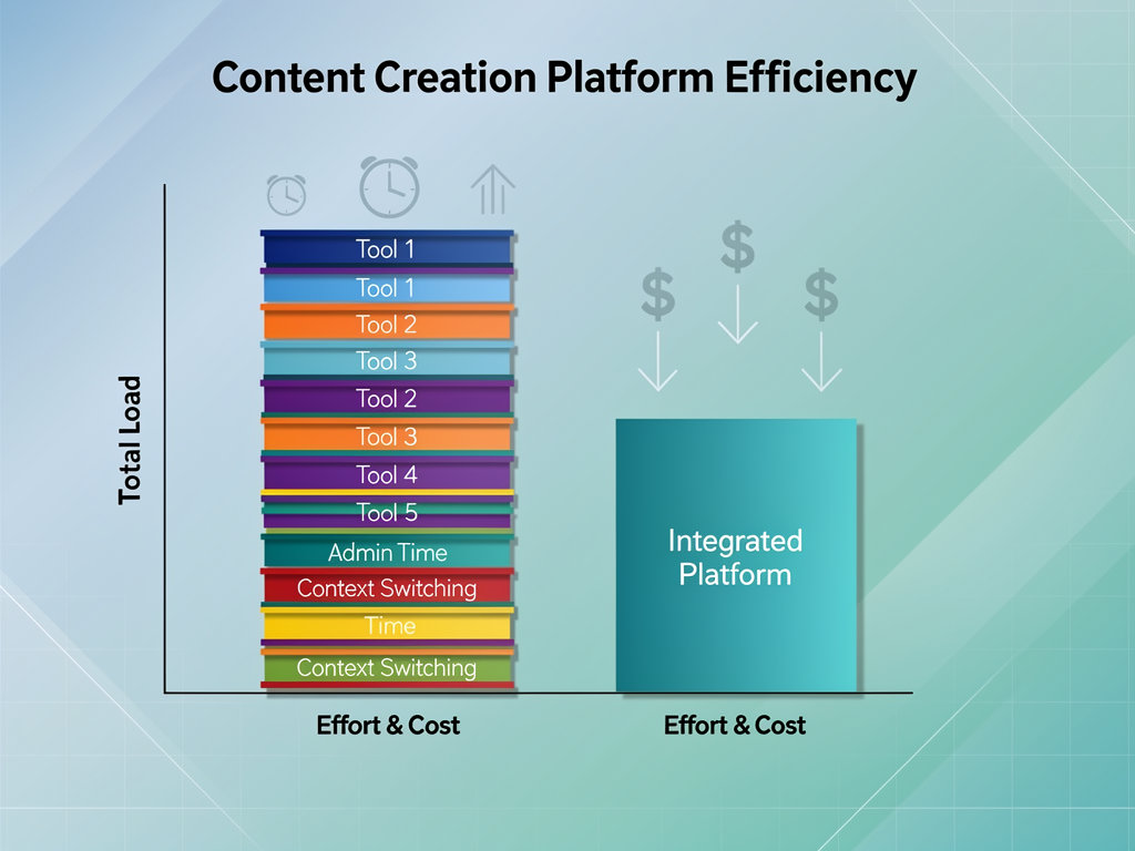 Cost comparison infographic showing total cost of ownership breakdown with stacked bar charts comparing a fragmented tool approach with multiple subscriptions and high time costs versus an integrated platform approach with single subscription and reduced time investment, displayed in a professional business presentation style with dollar amounts and percentage savings highlighted