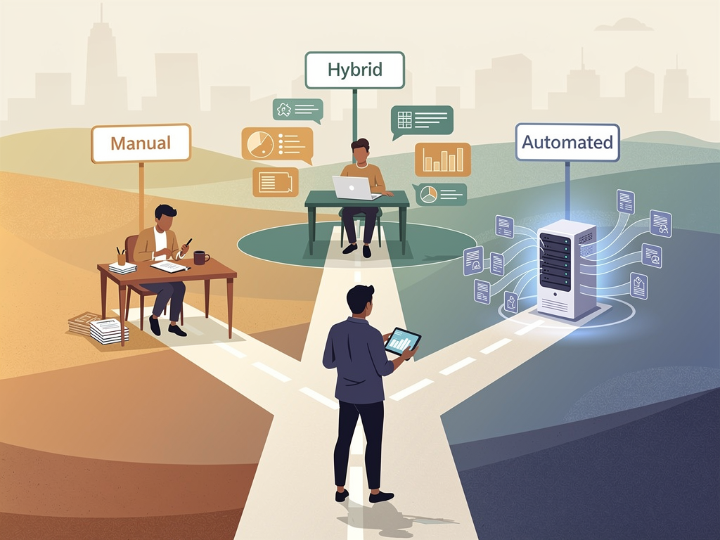 Decision flowchart helping content marketers choose between manual, hybrid, and fully automated content creation approaches based on factors like budget, volume needs, expertise requirements, and quality thresholds