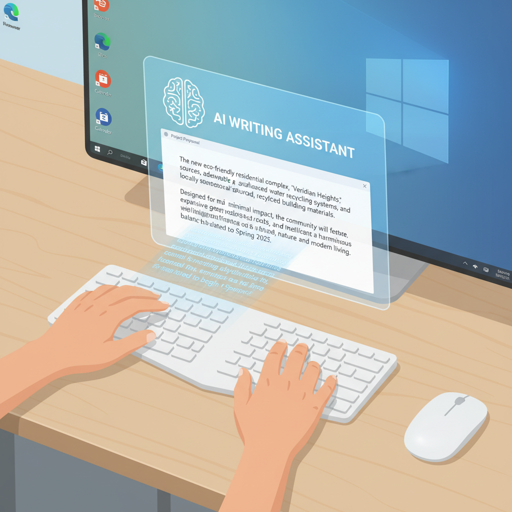 A user interacting with an AI writing assistant overlay on their Windows desktop. The user types a short prompt, and the AI instantly generates a paragraph of text directly into their document.