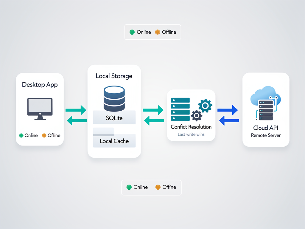 Data flow diagram illustrating offline-first architecture in an Electron SaaS application, showing local SQLite database, sync queue, conflict resolution module, and cloud API connection with bidirectional arrows, status indicators for online and offline states, clean infographic style with icons