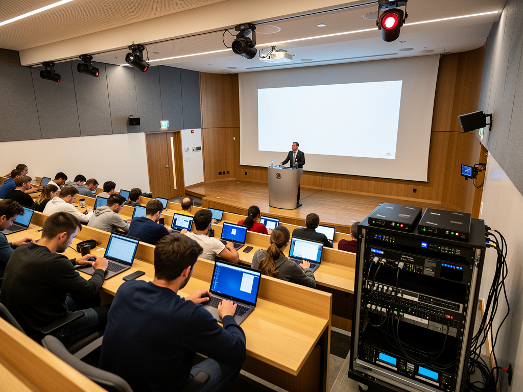 A university lecture hall with a professor at the podium, students in tiered seating, and ceiling-mounted cameras capturing the presentation for AVoIP distribution to overflow rooms