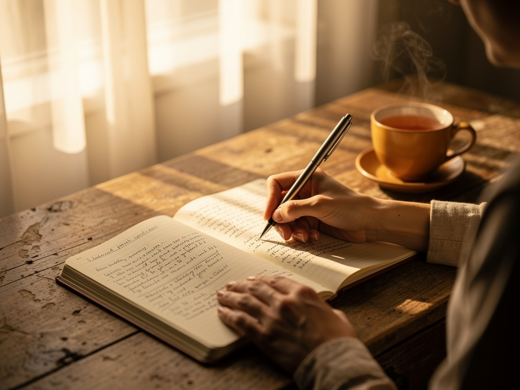 A person writing in a notebook at a wooden desk, with a cup of tea beside them. Soft morning light illuminates the scene through sheer curtains. The journal pages show handwritten notes, suggesting reflective practice and self-exploration. The mood is contemplative and peaceful.