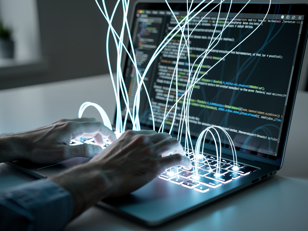 A person's hands typing rapidly on a modern laptop keyboard, with glowing blue lines illustrating the flow of text and ideas across the screen.