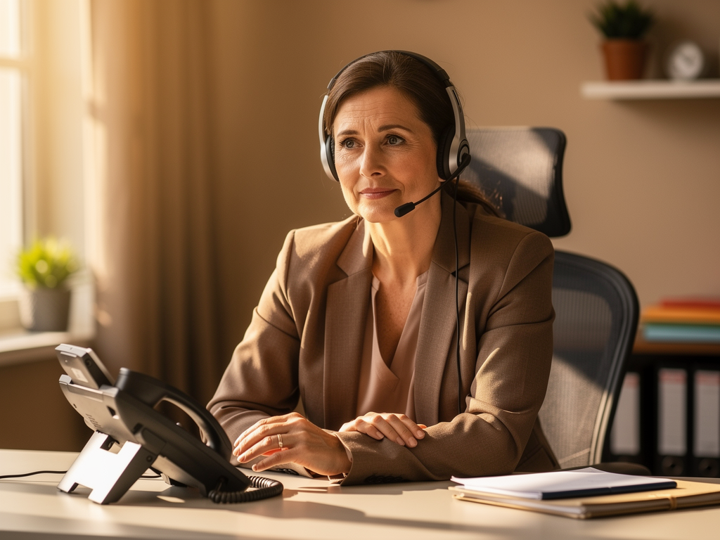 A telephone helpline operator wearing a headset in a warm, supportive office environment, conveying compassion and availability, with soft lighting suggesting round-the-clock support