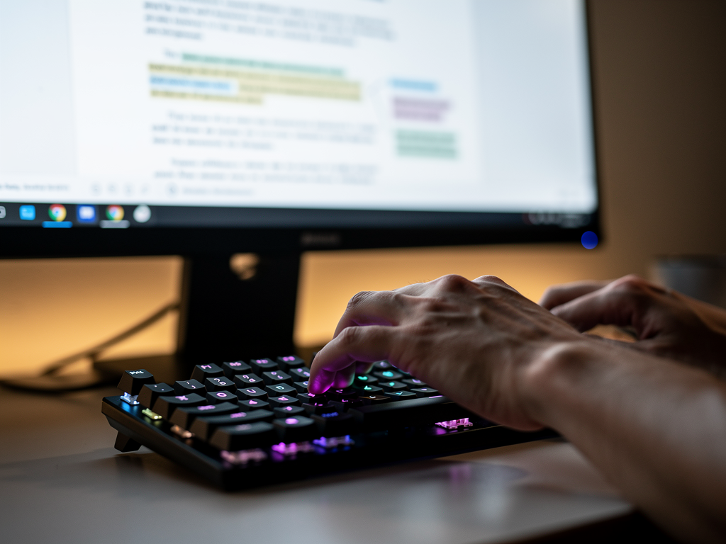 Close-up of a user's hands typing rapidly on a modern mechanical keyboard, with a blurred screen in the background displaying text being corrected in real-time by a writing assistant.