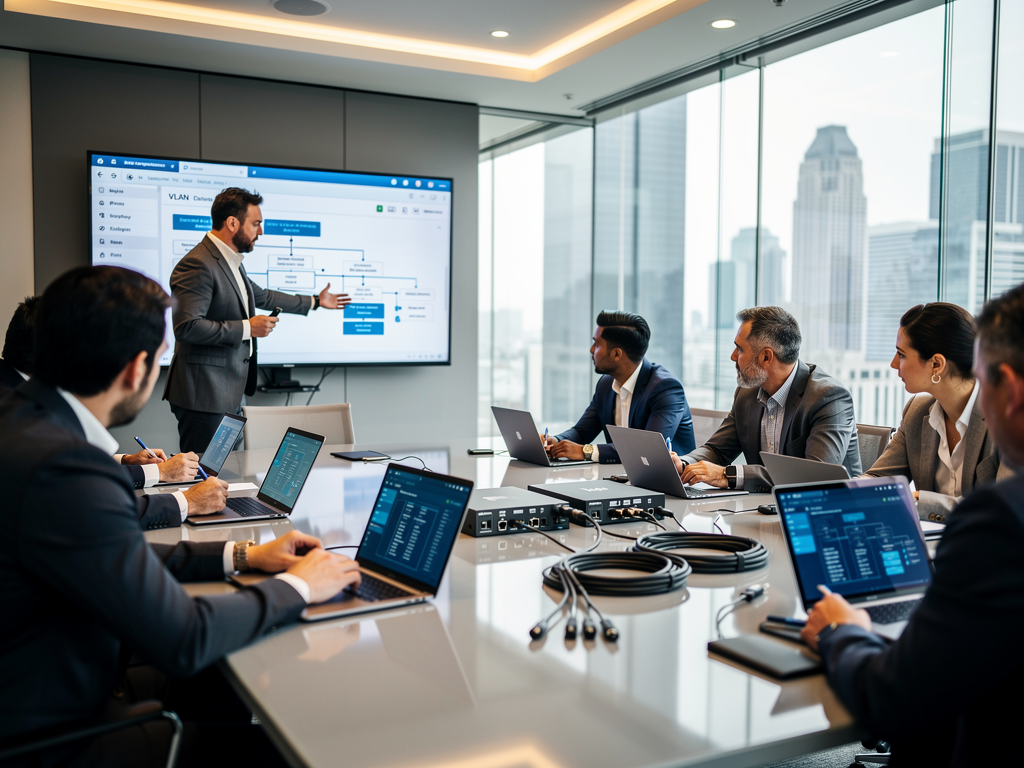 A diverse team of AV professionals collaborating around a conference table reviewing system documentation and network diagrams on tablets and laptops, in a well-lit modern meeting room with glass walls
