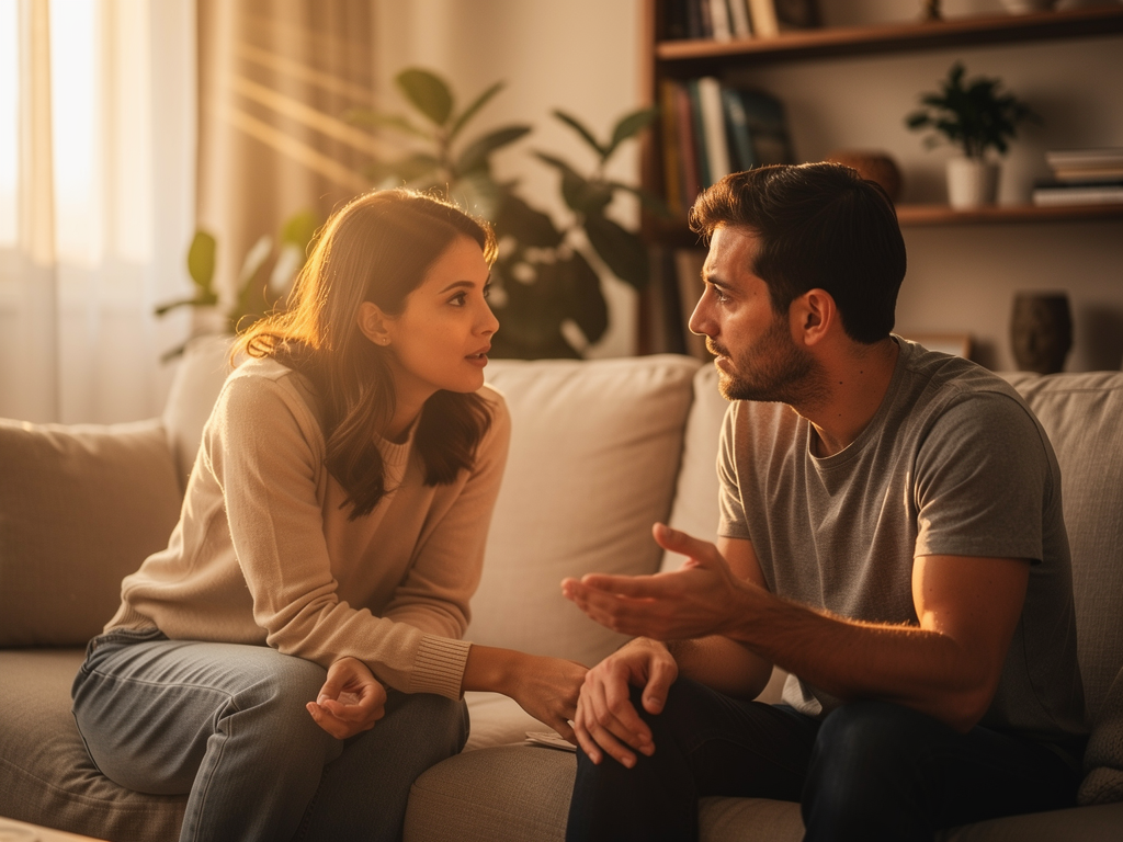 A couple sitting together on a comfortable sofa in a warmly lit living room, engaged in calm conversation. Natural daylight streams through a window, creating a peaceful atmosphere. Their body language suggests openness and connection, with soft focus on their hands resting near each other on the cushions.