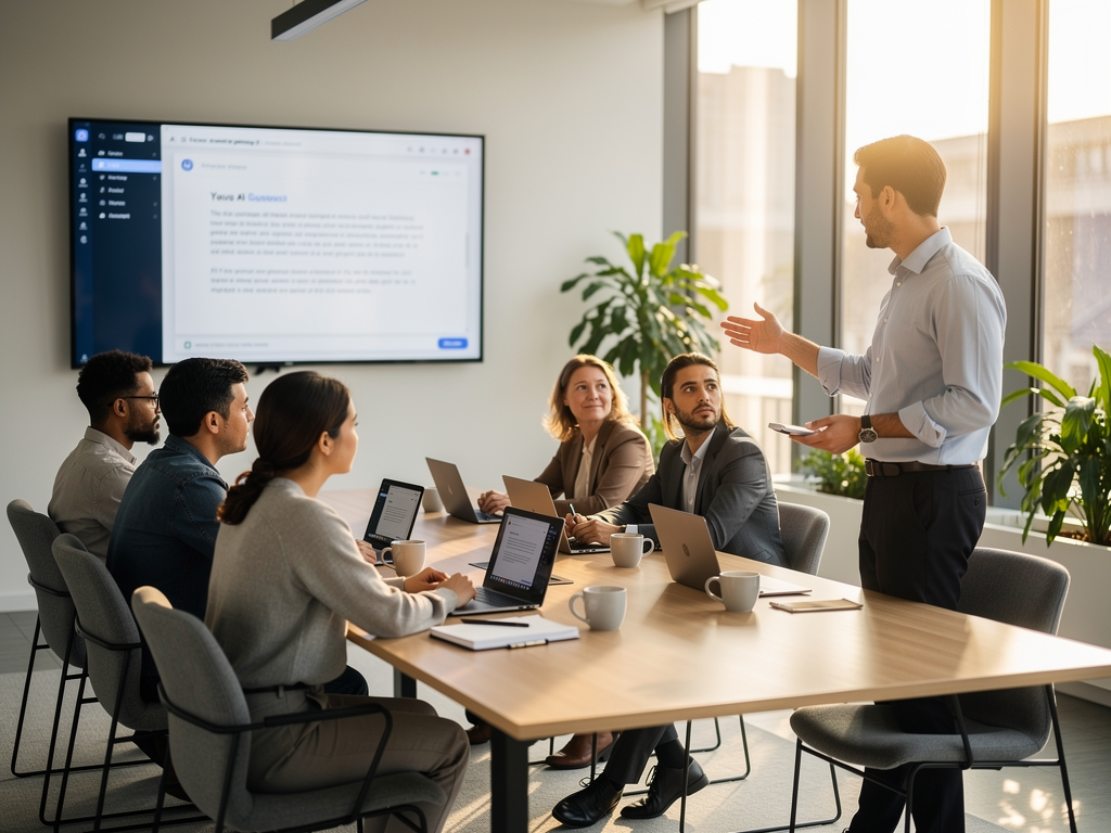 Team training session in conference room with presenter demonstrating AI content platform on large screen while marketing team members take notes on laptops, showing collaborative learning environment