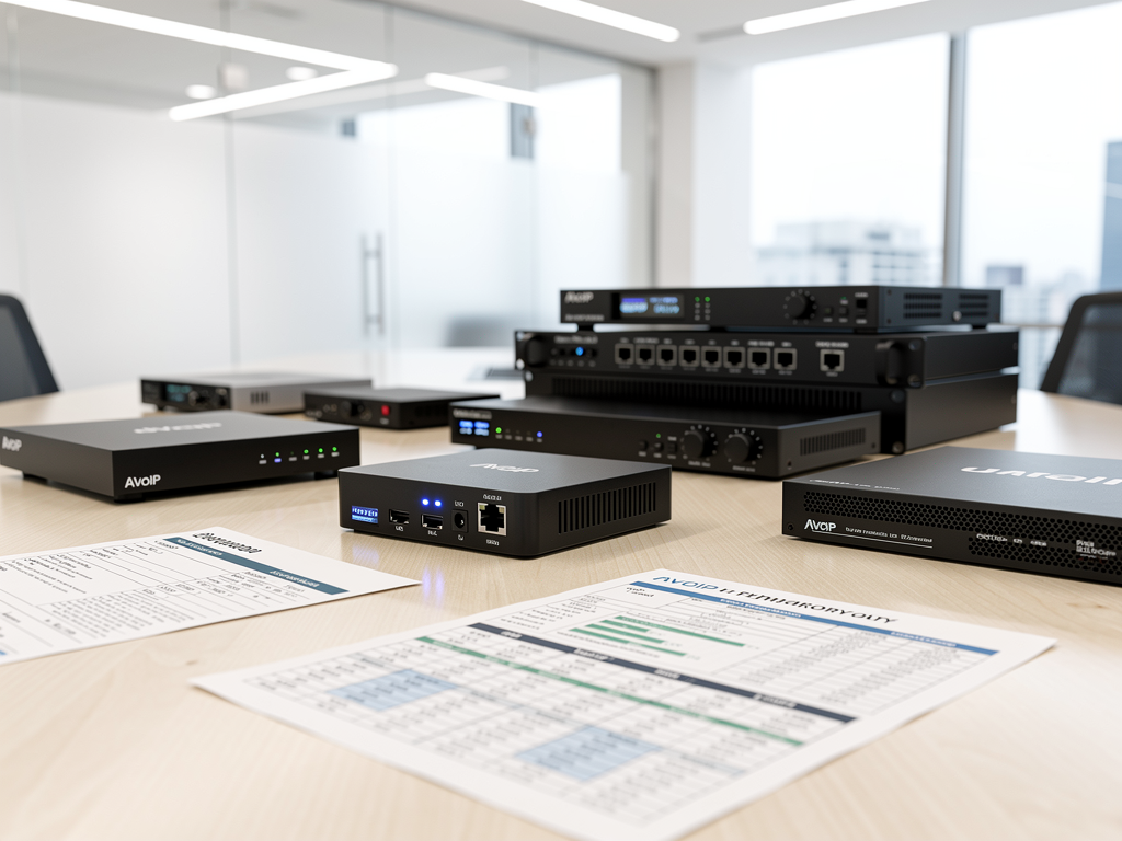 A comparison of AVoIP equipment on a conference table, showing different form factors from compact encoders to rack-mounted units, with specification sheets and pricing documents visible