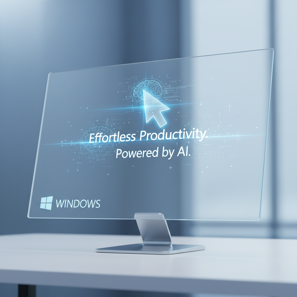 A sleek, minimalist illustration depicting a glowing, intelligent cursor hovering over a line of text on a futuristic, transparent computer screen, with subtle holographic elements suggesting AI assistance and seamless integration into the Windows operating system, set against a soft, ambient light, conveying a sense of advanced technology and effortless productivity, in a modern digital art style with a cool blue and white color palette.