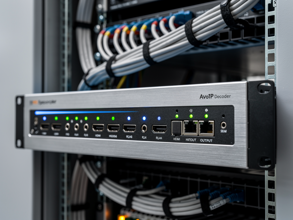 Close-up photograph of AVoIP decoder hardware unit showing multiple input ports, LED status indicators, and rack-mount ears, captured in a well-lit server room environment with professional cable management visible in the background