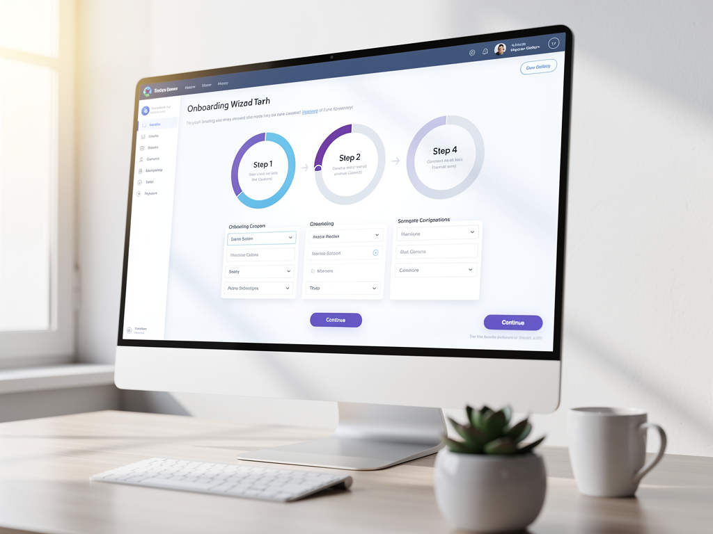 User interface mockup showing a tenant onboarding wizard with progress steps including account setup, team configuration, branding customization, and integration connection, displayed on a modern dashboard with a clean design aesthetic