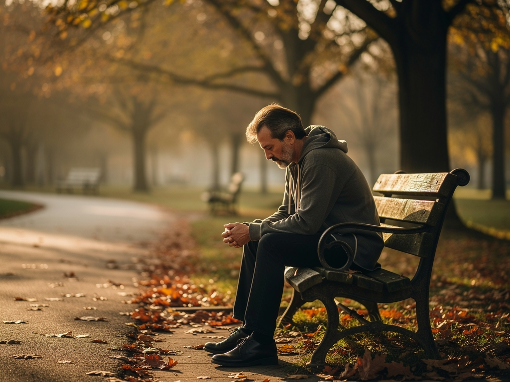 A person sitting alone on a park bench in soft morning light, appearing deep in thought with a contemplative expression, surrounded by autumn leaves and gentle natural scenery suggesting introspection and emotional processing