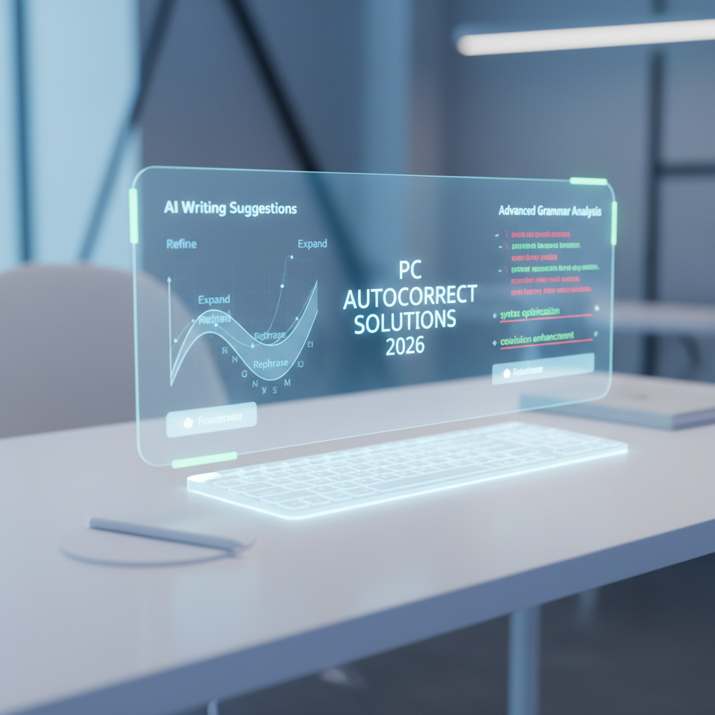 Futuristic interface showing a holographic display with AI writing suggestions and advanced grammar analysis, symbolizing future trends