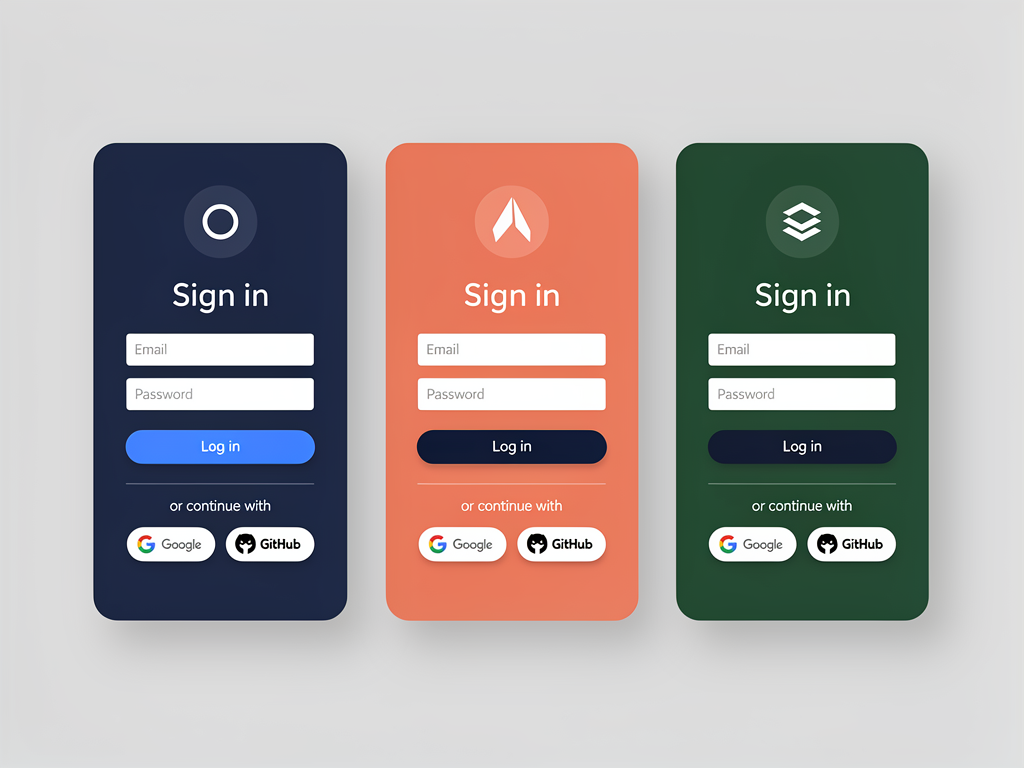 Mockup showing three different branded login screens for a white-label SaaS platform, each with distinct color schemes and logos but sharing the same underlying authentication architecture, displayed side by side on a light gray background to emphasize the customization capabilities