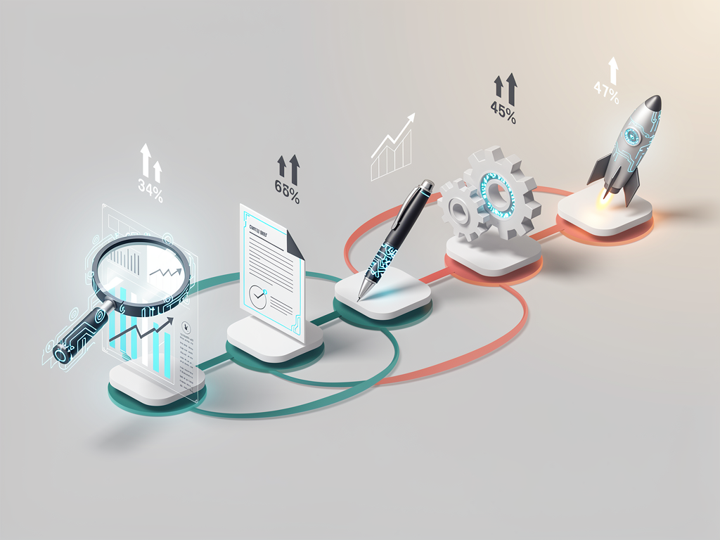 Content strategy workflow diagram showing the progression from competitive analysis through content brief creation, writing, optimization, and publication, with AI automation indicators at each stage and performance metrics tracking throughout the process