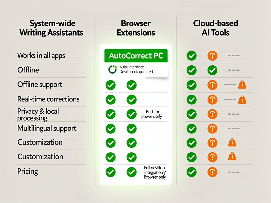 A comparison chart highlighting the differences between system-wide writing assistants, browser extensions, and cloud-based AI tools, emphasizing AutoCorrect PC's comprehensive features.