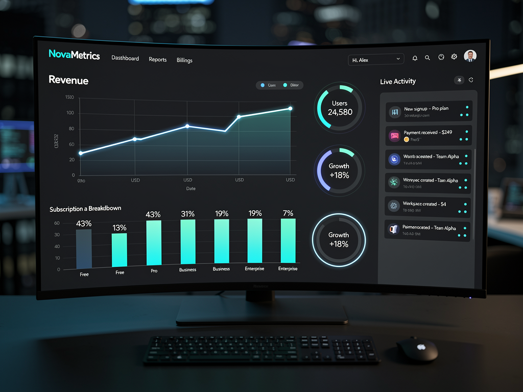 Dashboard interface displaying SaaS platform analytics with revenue charts, user growth metrics, subscription breakdowns, and real-time activity feeds arranged in a clean grid layout with dark theme styling